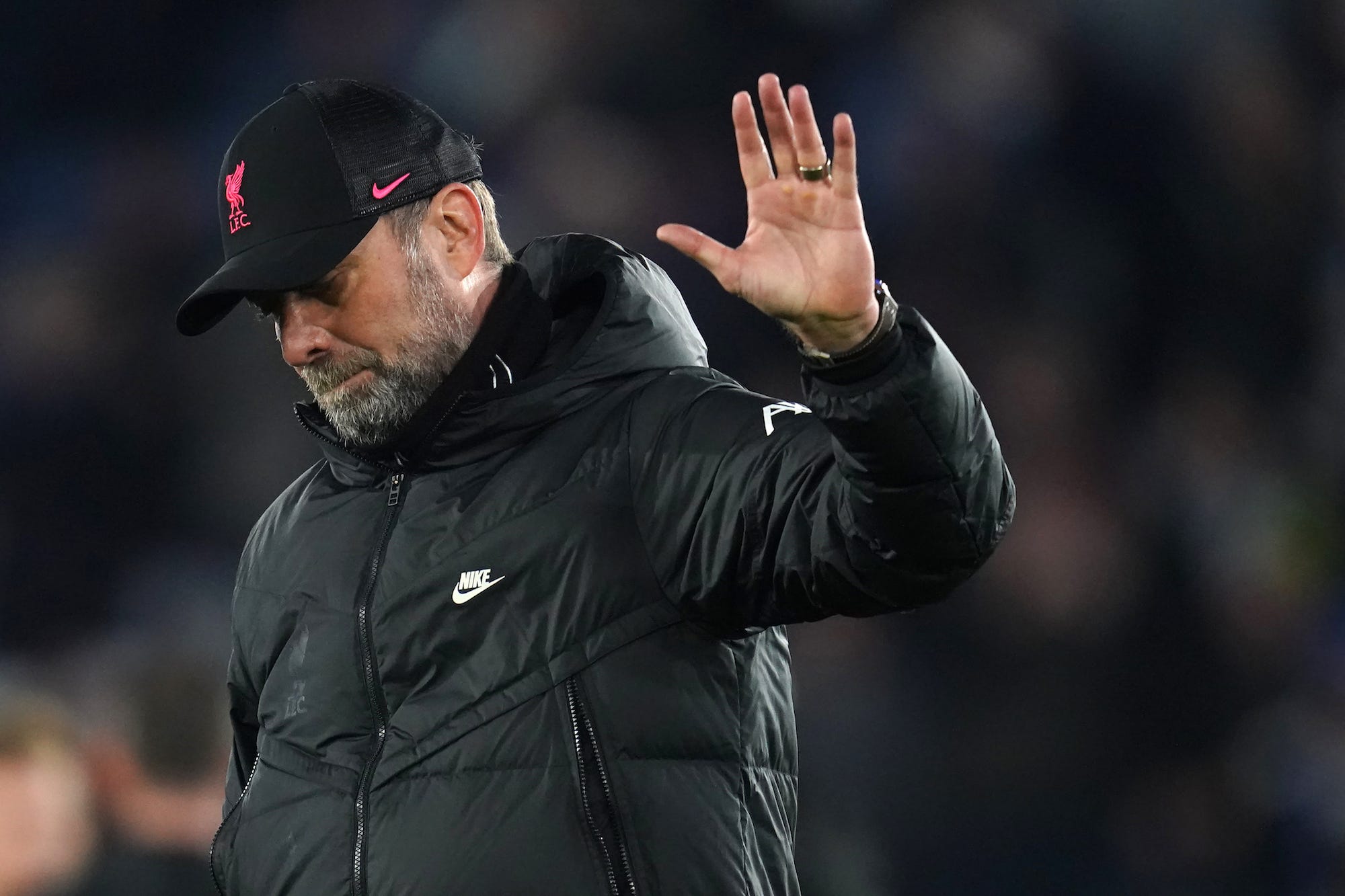 Liverpool manager Jurgen Klopp appears dejected after the Premier League match at the King Power Stadium, Leicester