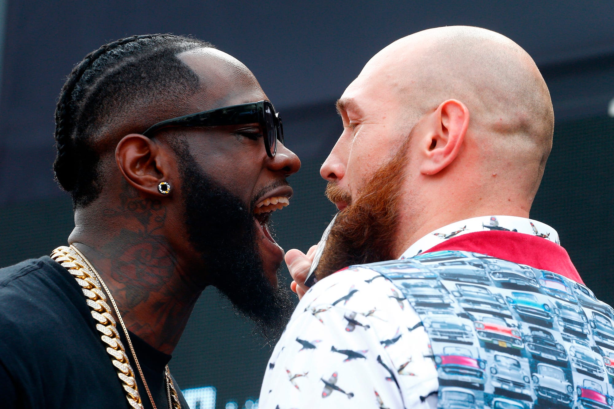 WBC Heavyweight champion Deontay Wilder and Lineal Heavyweight champion Tyson Fury face-off during the New York Press Conference at Intrepid Sea-Air-Space Museum on October 2, 2018 in New York City. Deontay Wilder and Tyson Fury are set to fight