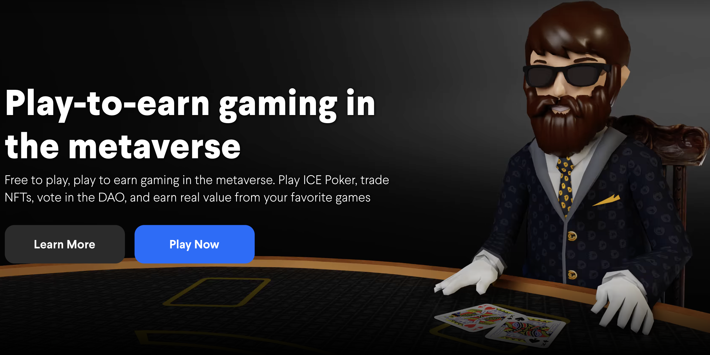 A rendering on the Decentral Games website shows a bearded, male avatar playing cards.