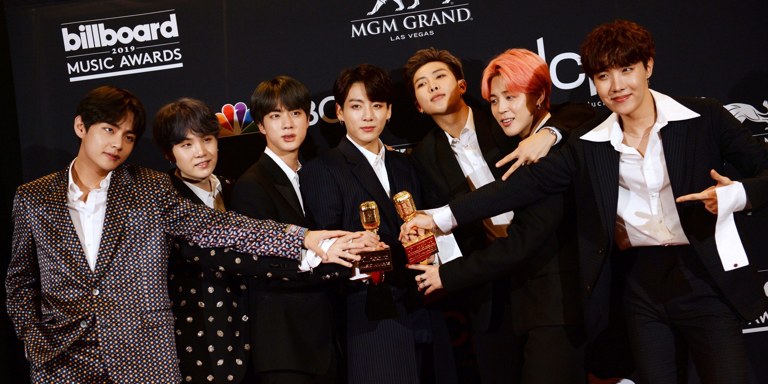 South Korean boy band BTS poses in the press room with their awards during the 2019 Billboard Music Awards at the MGM Grand Garden Arena on May 1, 2019, in Las Vegas, Nevada. (Photo by Bridget BENNETT / AFP)