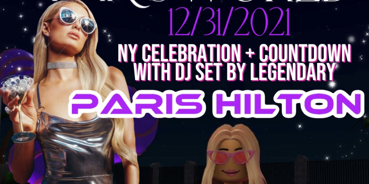 A screenshot of Paris Hilton holding a cocktail glass next to her avatar in an ad for "Paris World"