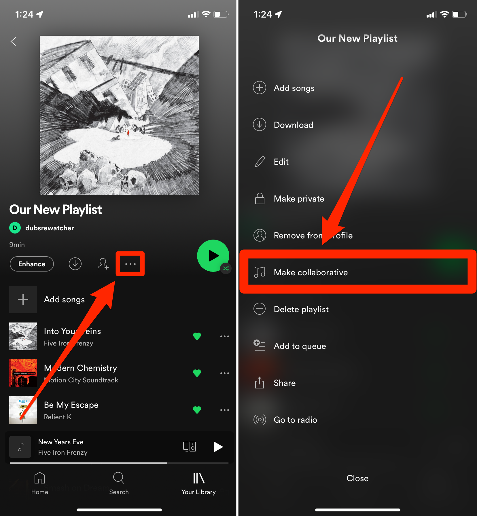 Two screenshots of the Spotify iPhone app, showing how to open a playlist's options menu and tap "Make collaborative."