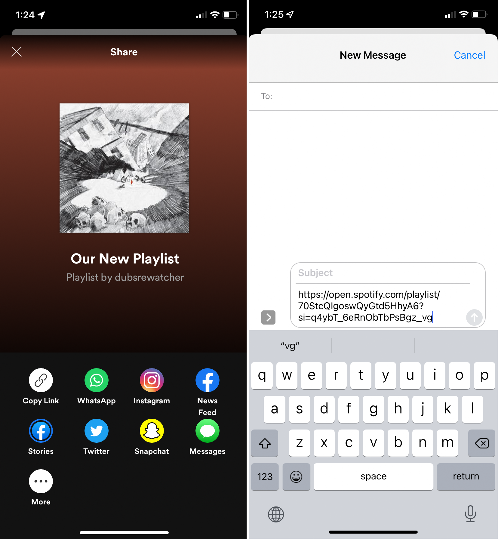 Two screenshots, showing the Spotify app's sharing menu and a text message being composed.