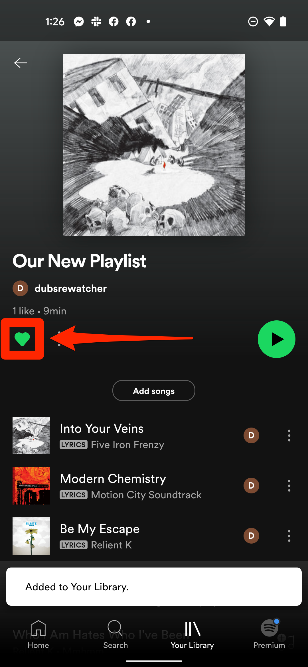 A Spotify playlist. The Heart icon that lets a user save the playlist is highlighted.