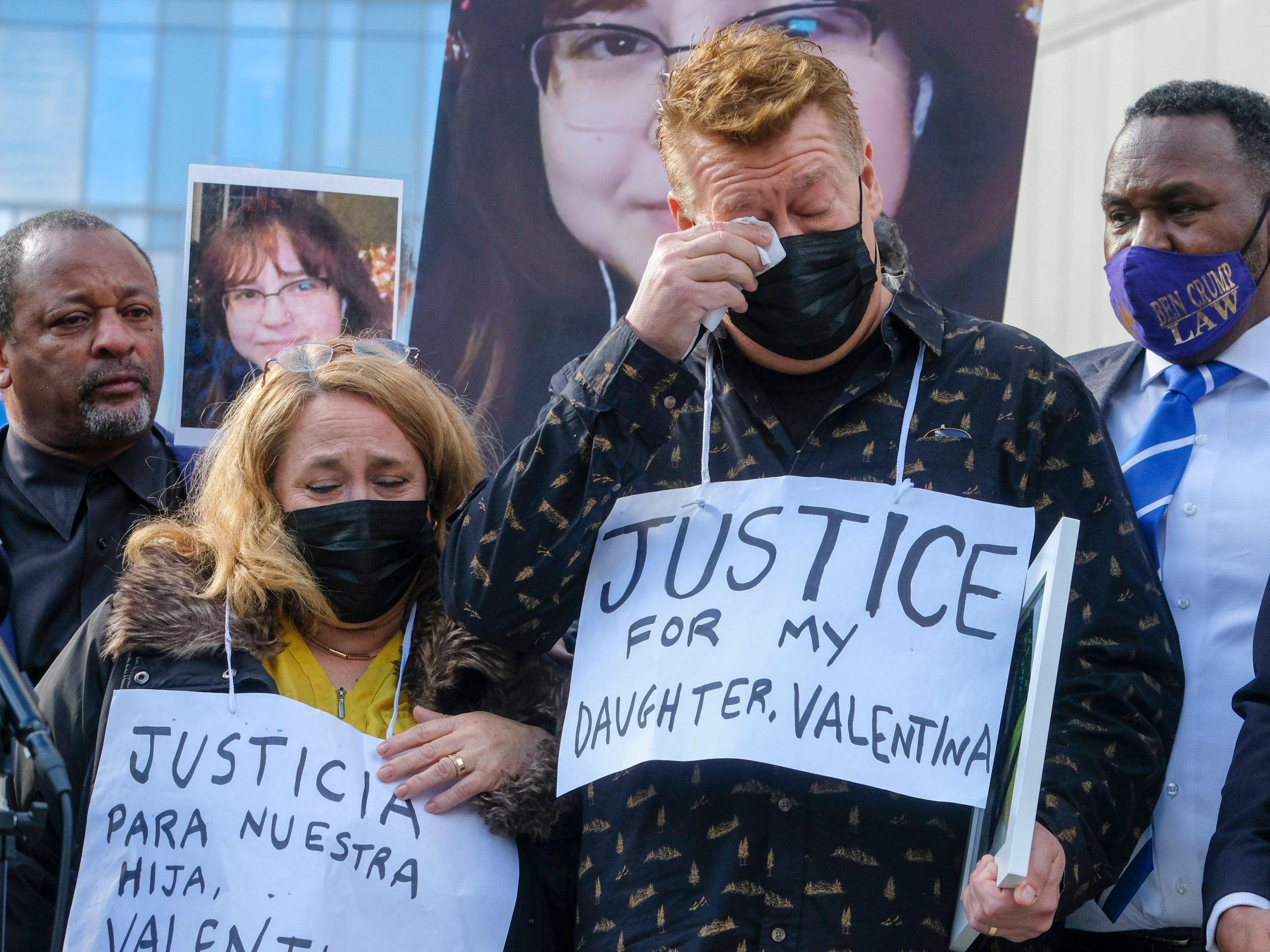 Soledad Peralta and Juan Pablo Orellana Larenas, the parents of Valentina Orellana-Peralta, attend in a news conference outside the Los Angeles Police Department headquraters in Los Angeles, Tuesday, Dec. 28, 2021.