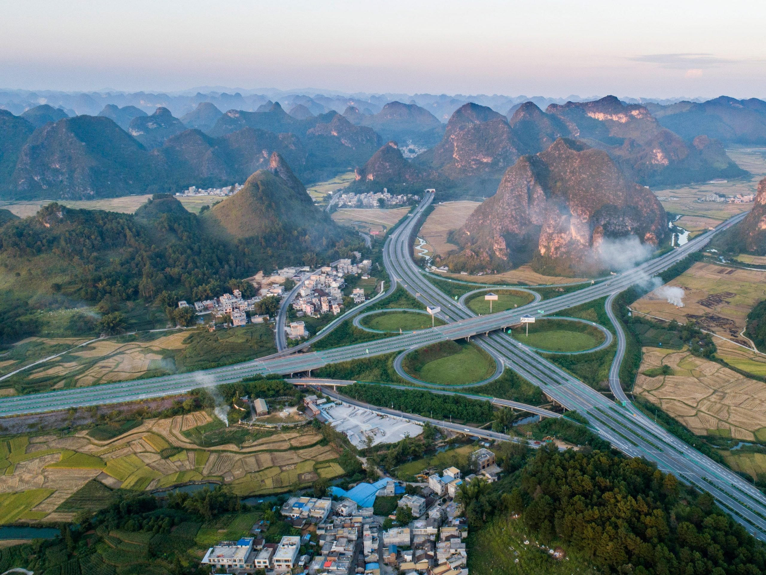 Overhead scenery shot of Jingxi Jiuzhou Interchange on Hena Expressway in Baise City, Guangxi Zhuang Autonomous Region, China.