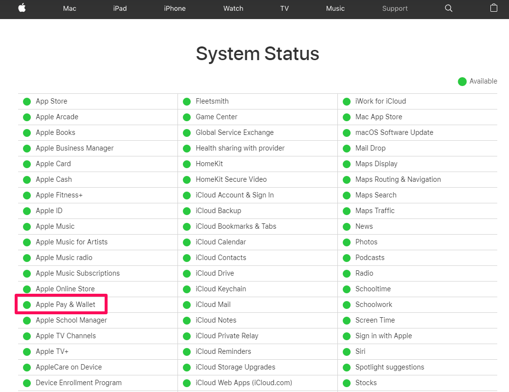 Apple System Status webpage in Chrome