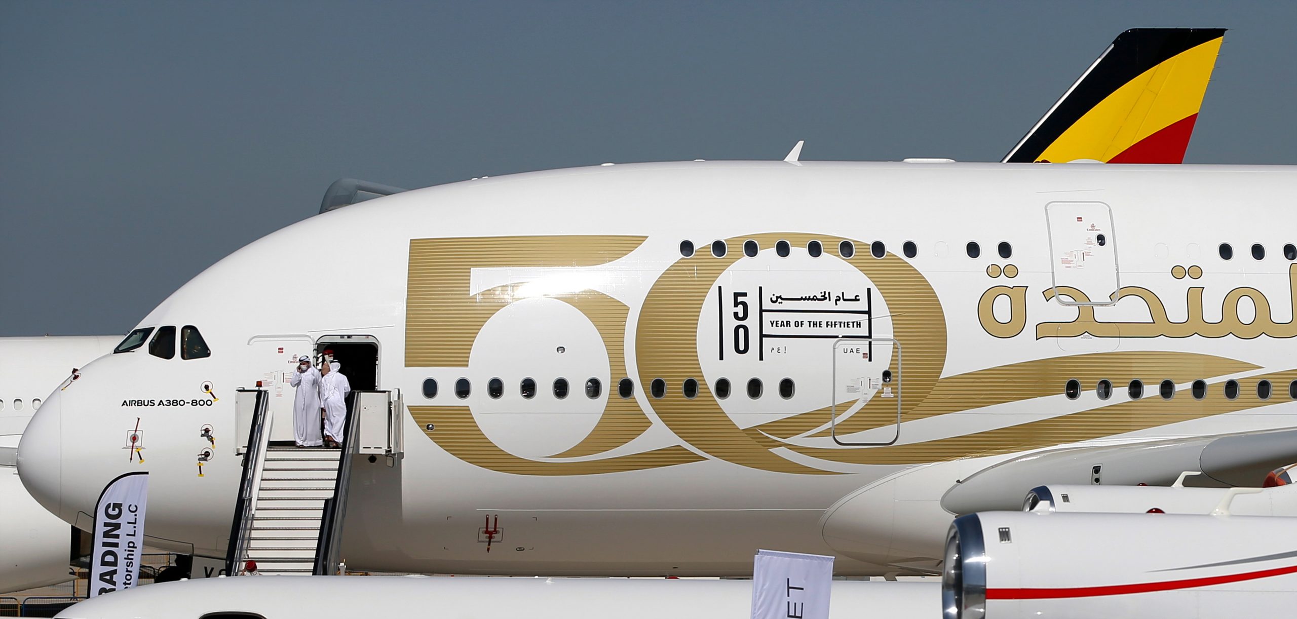 Een Airbus A380 van Emirates op de Dubai Airshow 2021, foto: EPA / Ali Haider