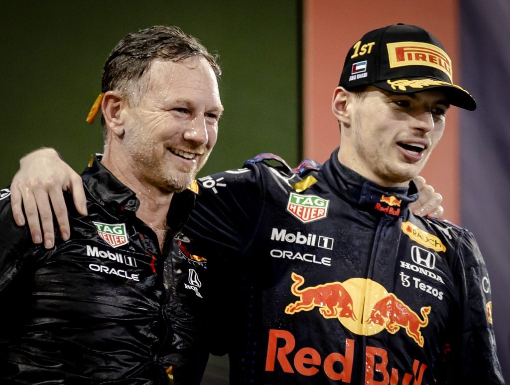 Teambaas Christian Horner en Max Verstappen van Red Bull Racing