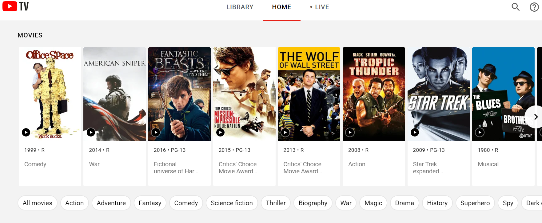 Some of the on-demand movies offered on YouTube TV.