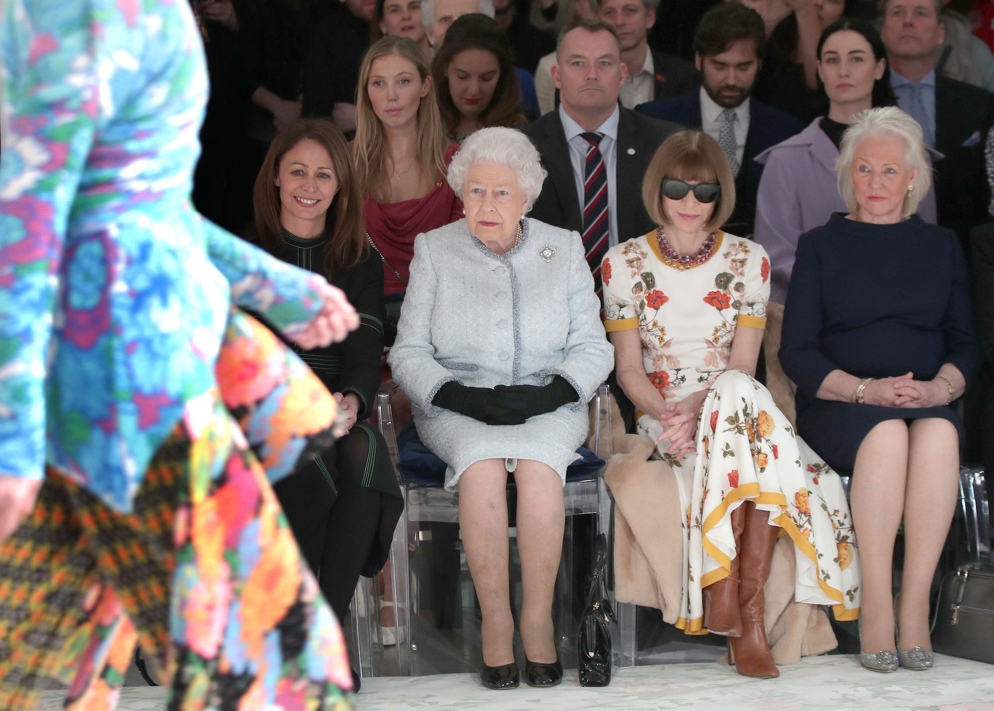 Angela Kelly, Queen Elizabeth, and Anna Wintour at London Fashion Week 2018
