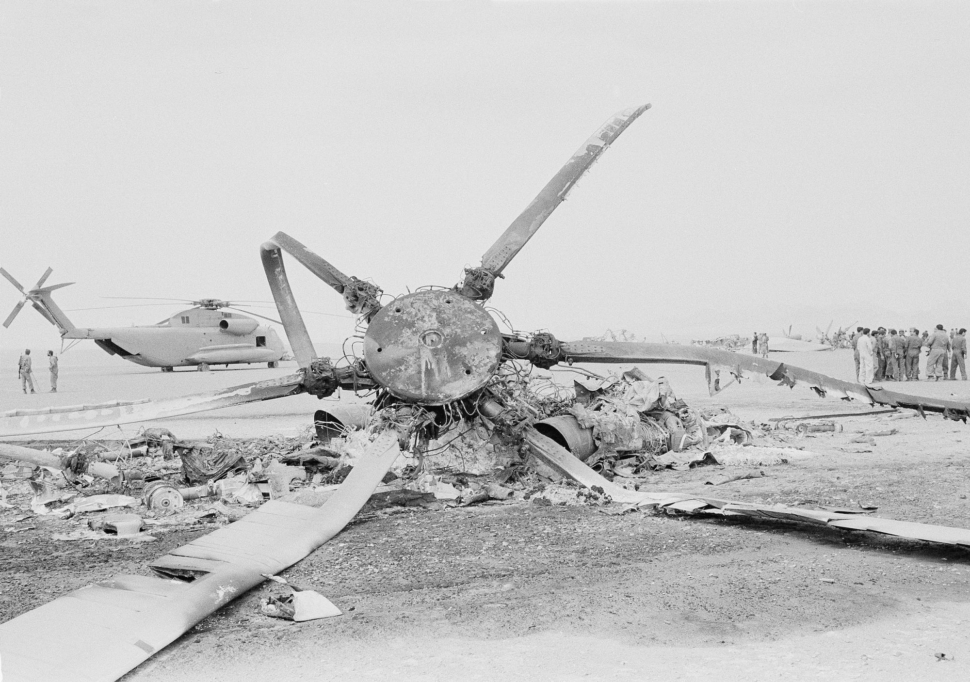 Destroyed US helicopters after Operation Eagle Claw in Iran