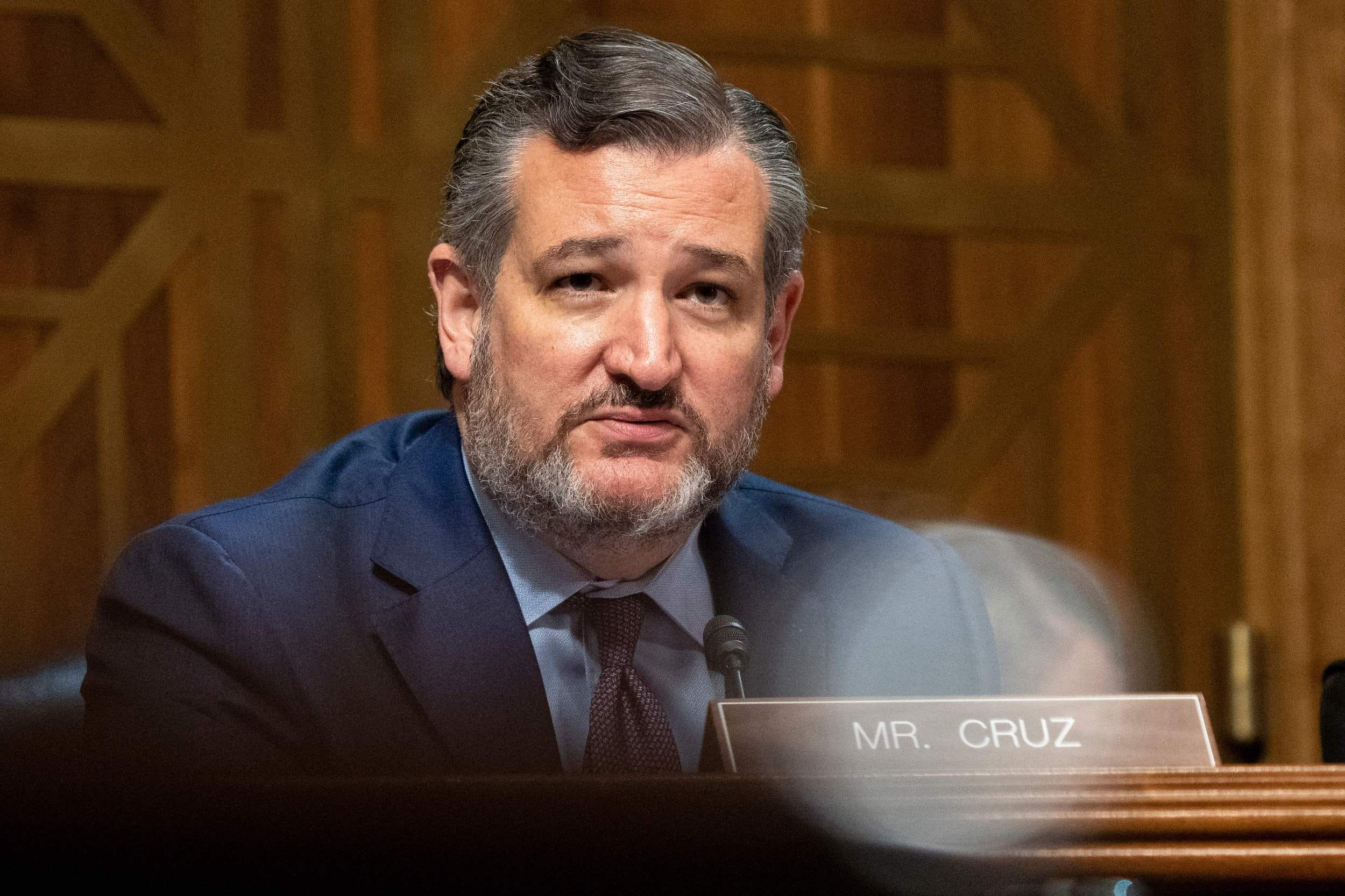 US Sen. Ted Cruz R-TX, asks questions to Mr. Steve Satterfield, Vice President, Privacy & Public Policy, Facebook, Inc. as he testifies during a Senate Judiciary Subcommittee on Competition Policy, Antitrust, and Consumer Rights, at the US Capitol in Washington, DC on September 21, 2021.