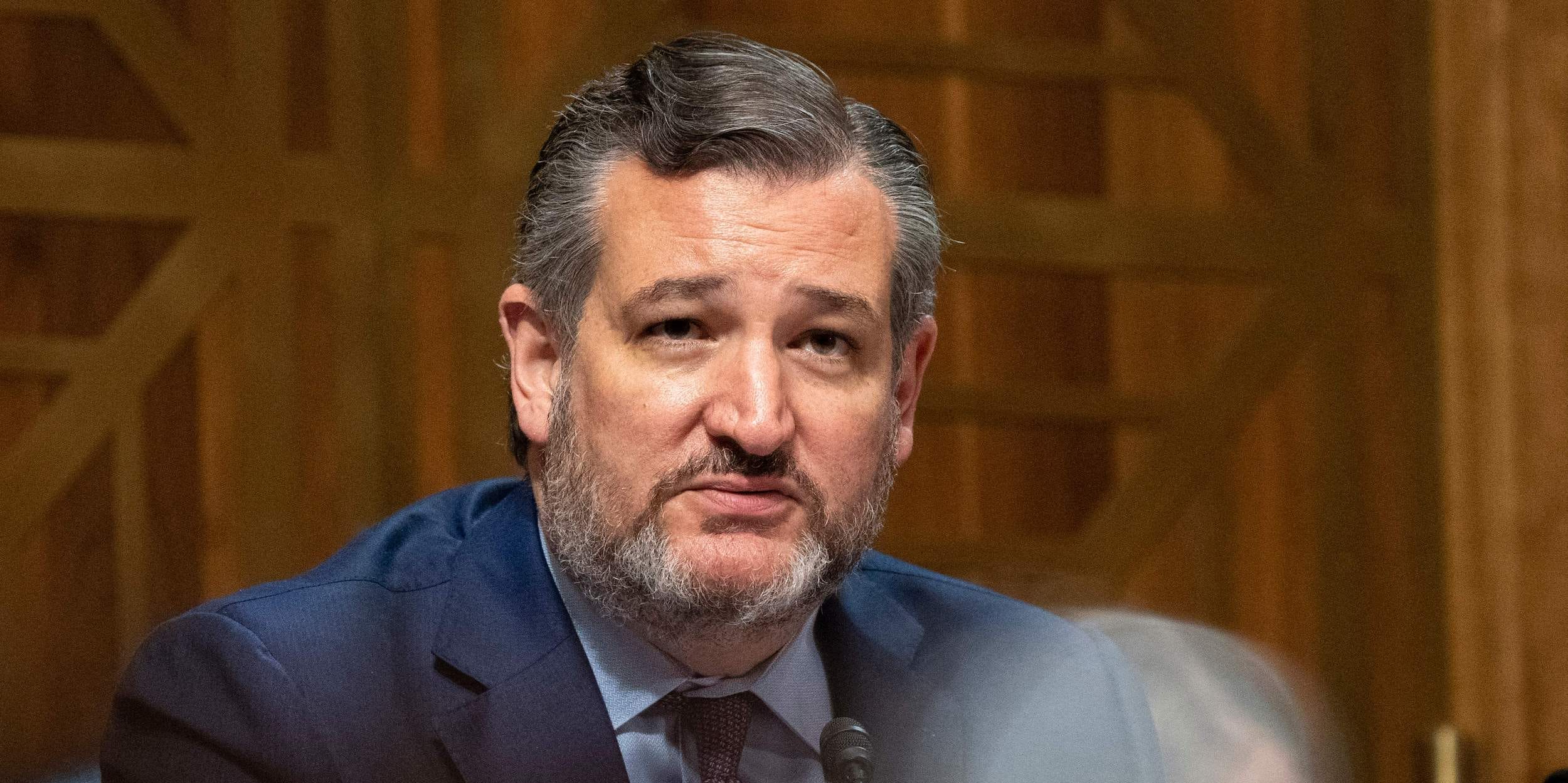 US Sen. Ted Cruz R-TX, asks questions to Mr. Steve Satterfield, Vice President, Privacy & Public Policy, Facebook, Inc. as he testifies during a Senate Judiciary Subcommittee on Competition Policy, Antitrust, and Consumer Rights, at the US Capitol in Washington, DC on September 21, 2021.