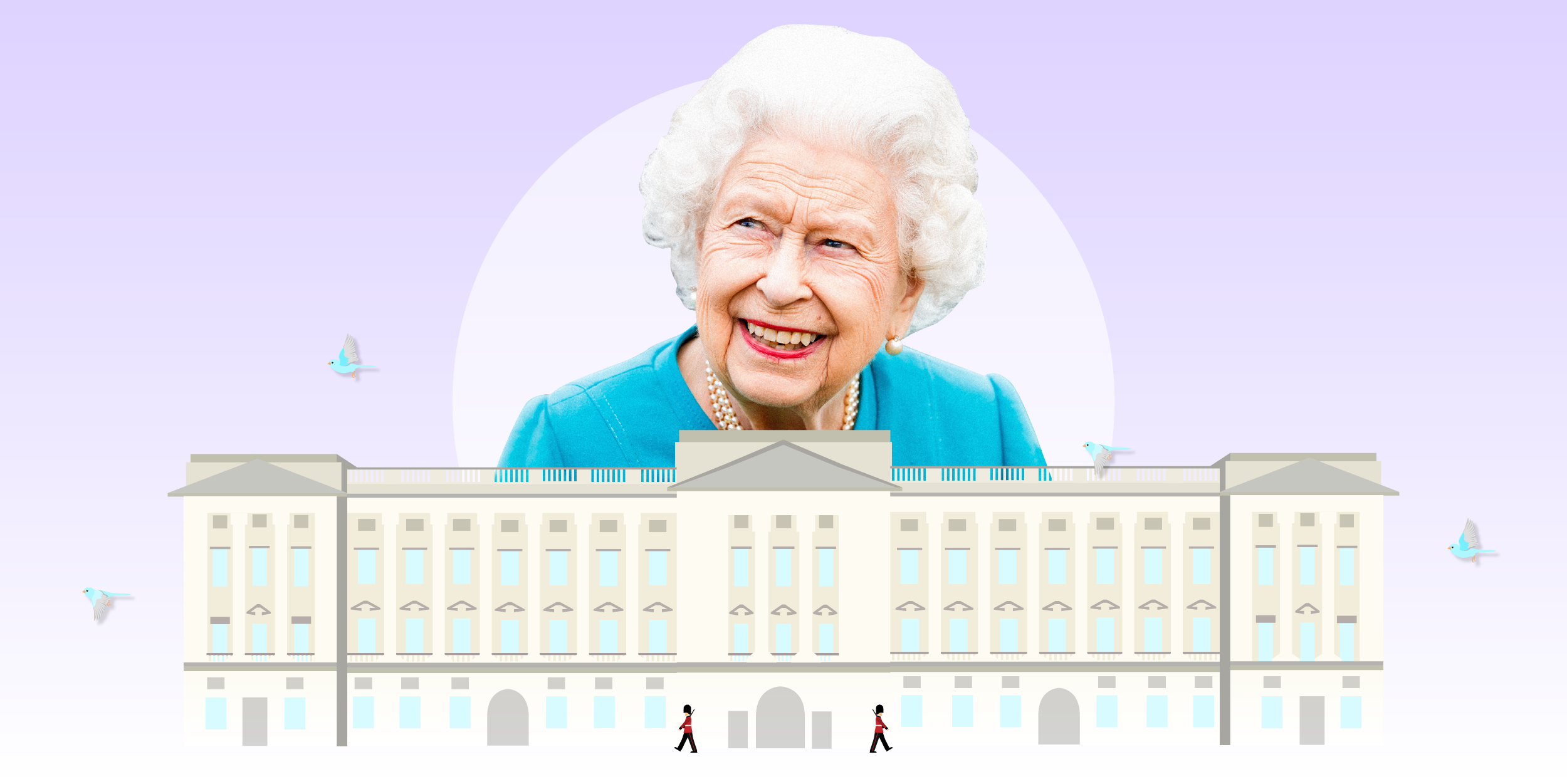 Queen Elizabeth II in front of an illustration of Buckingham Palace on a purple background.