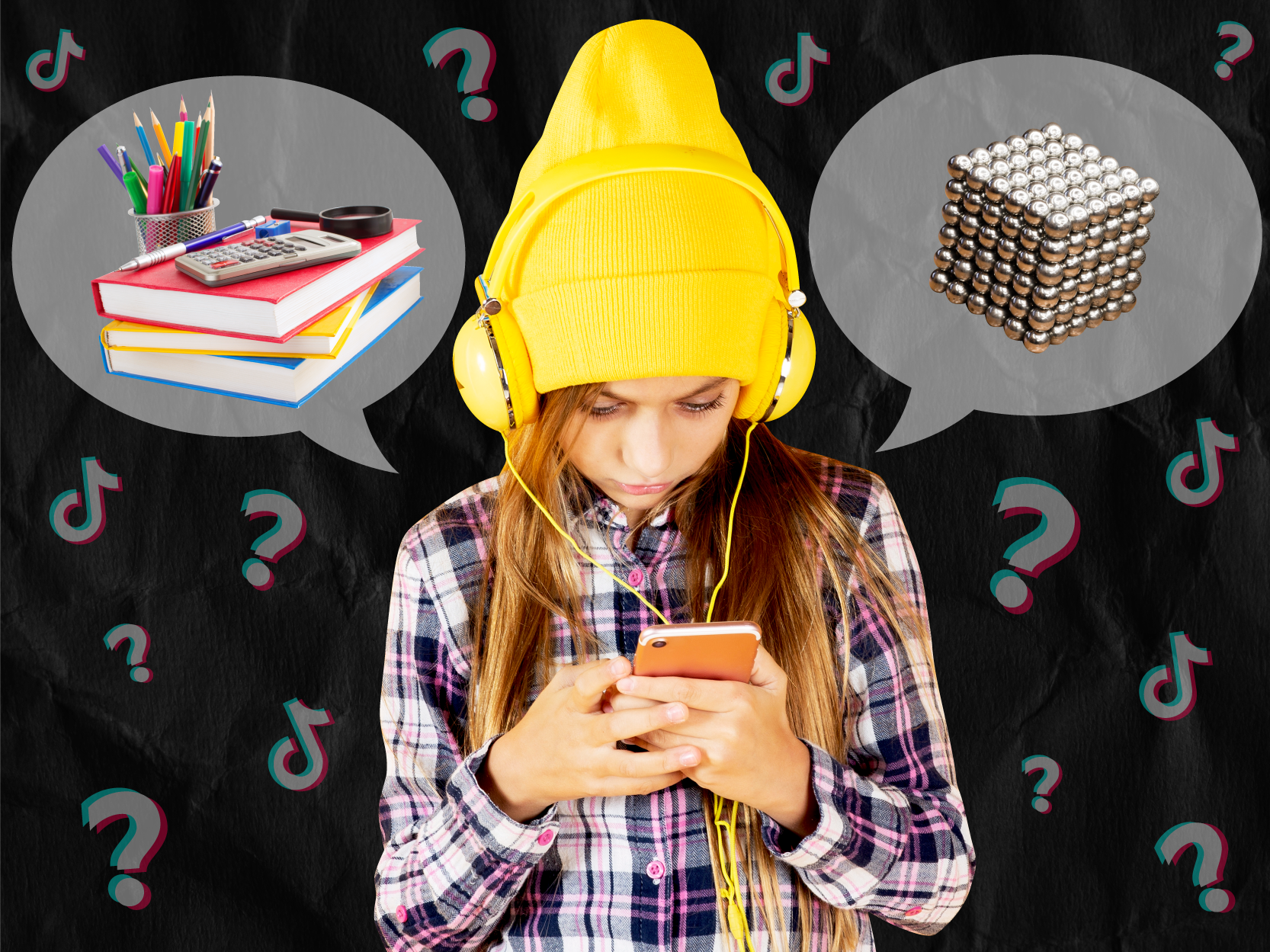 A graphic composite of a teenager on their iphone, surrounded by thought bubbles of school supples and magnets, with scattered tiktok logos and question marks.