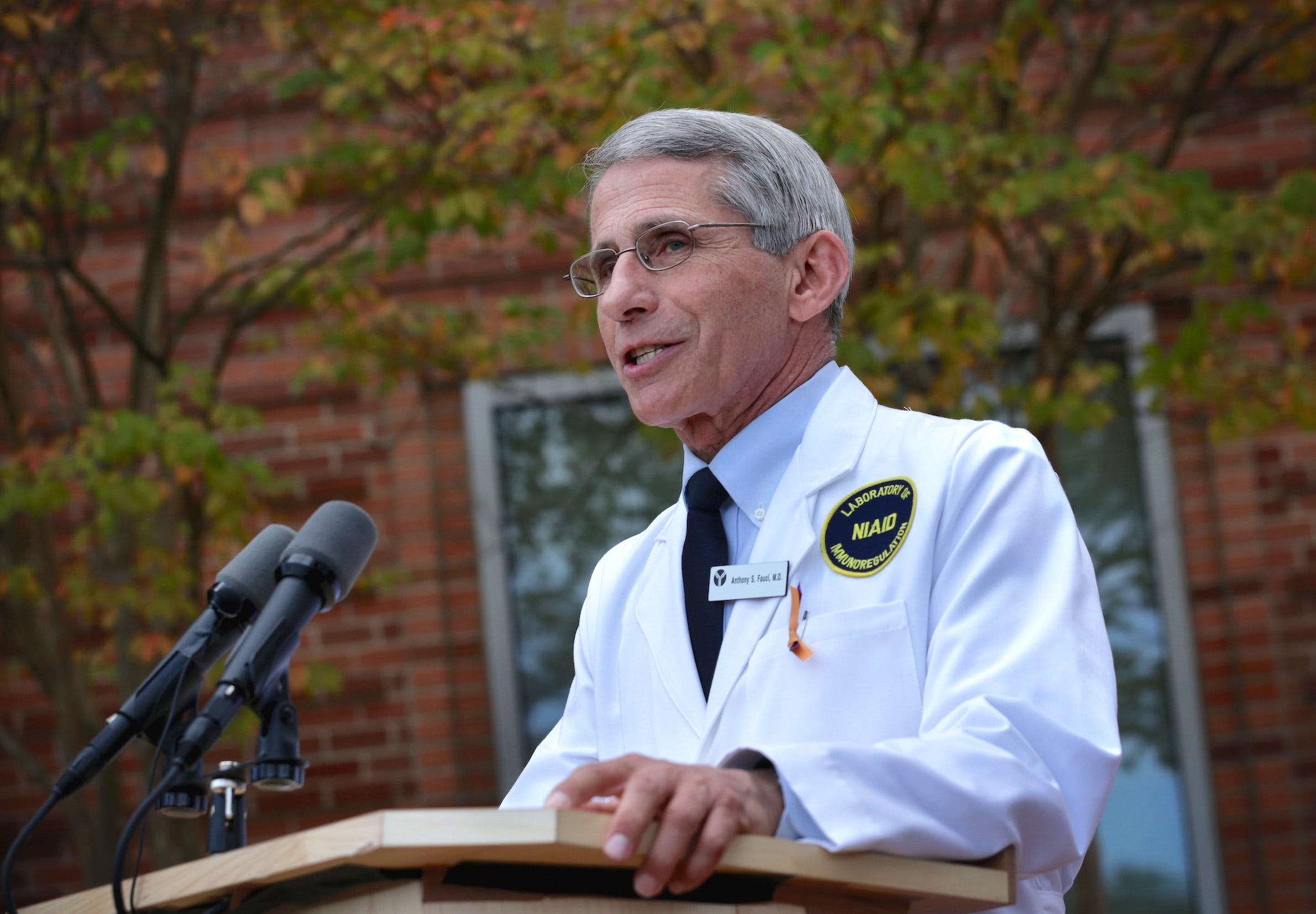Dr. Anthony Fauci, Director of the National Institute of Allergy and Infectious Diseases, speaks to members of the media at the National Institutes of Health October 24, 2014 in Bethesda, Maryland.