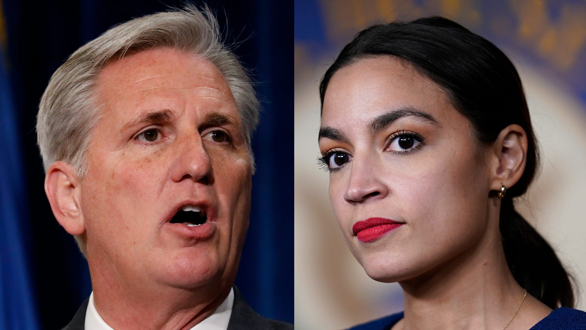 Close up images of Rep. Kevin McCarthy and Rep. Alexandria Ocasio-Cortez side by side.