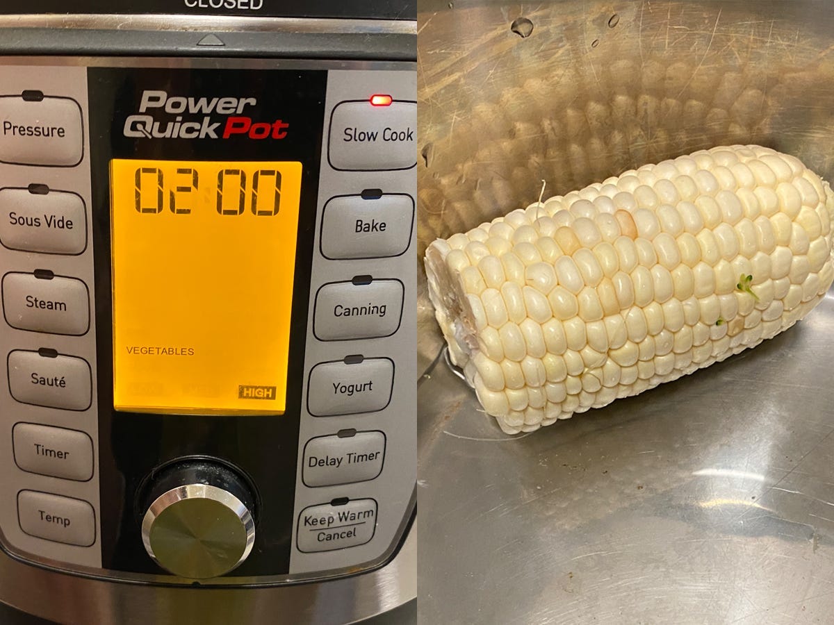 A Power quick pot next to an ear of corn.