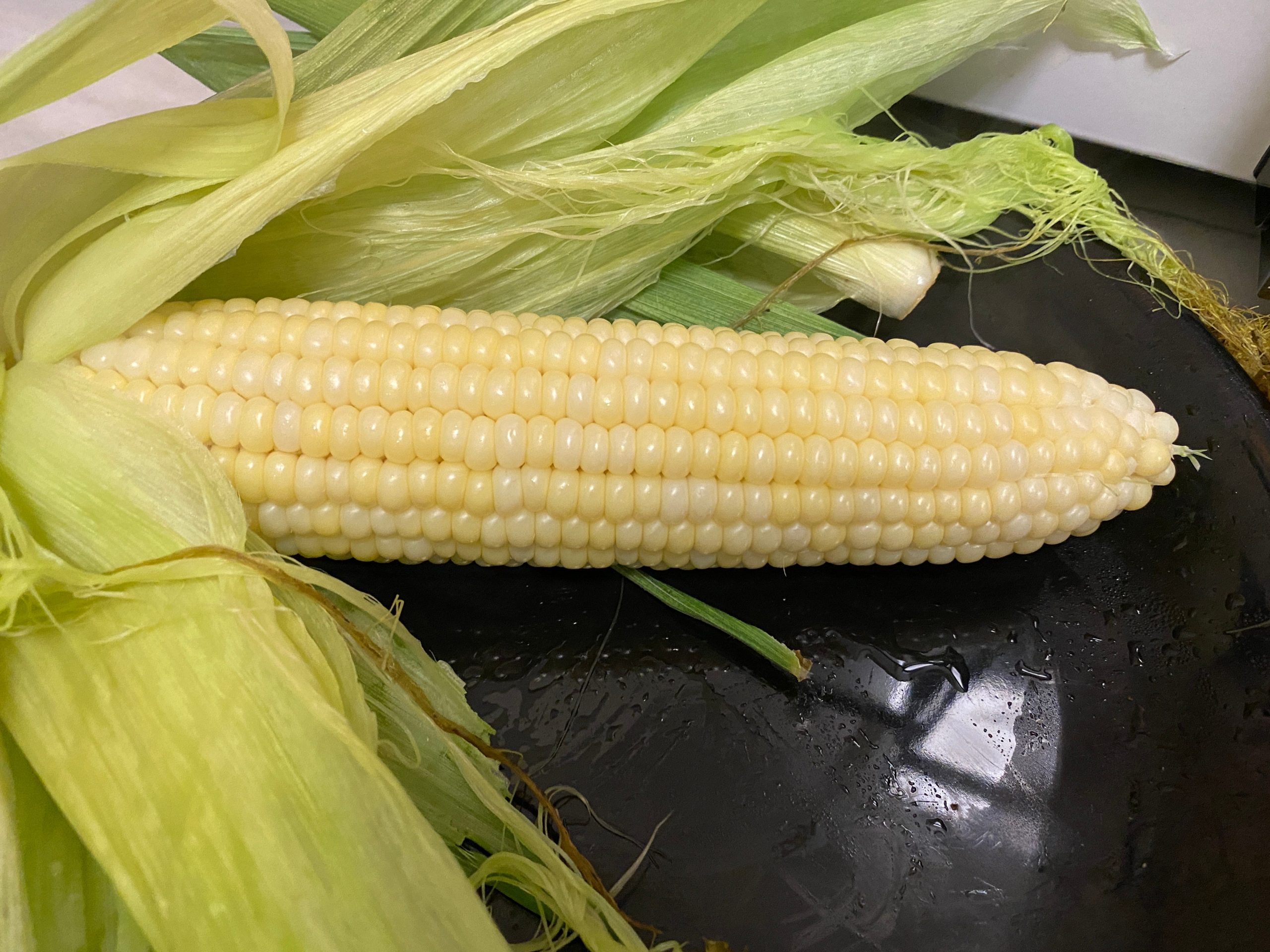 A microwaved corn with the husk out.