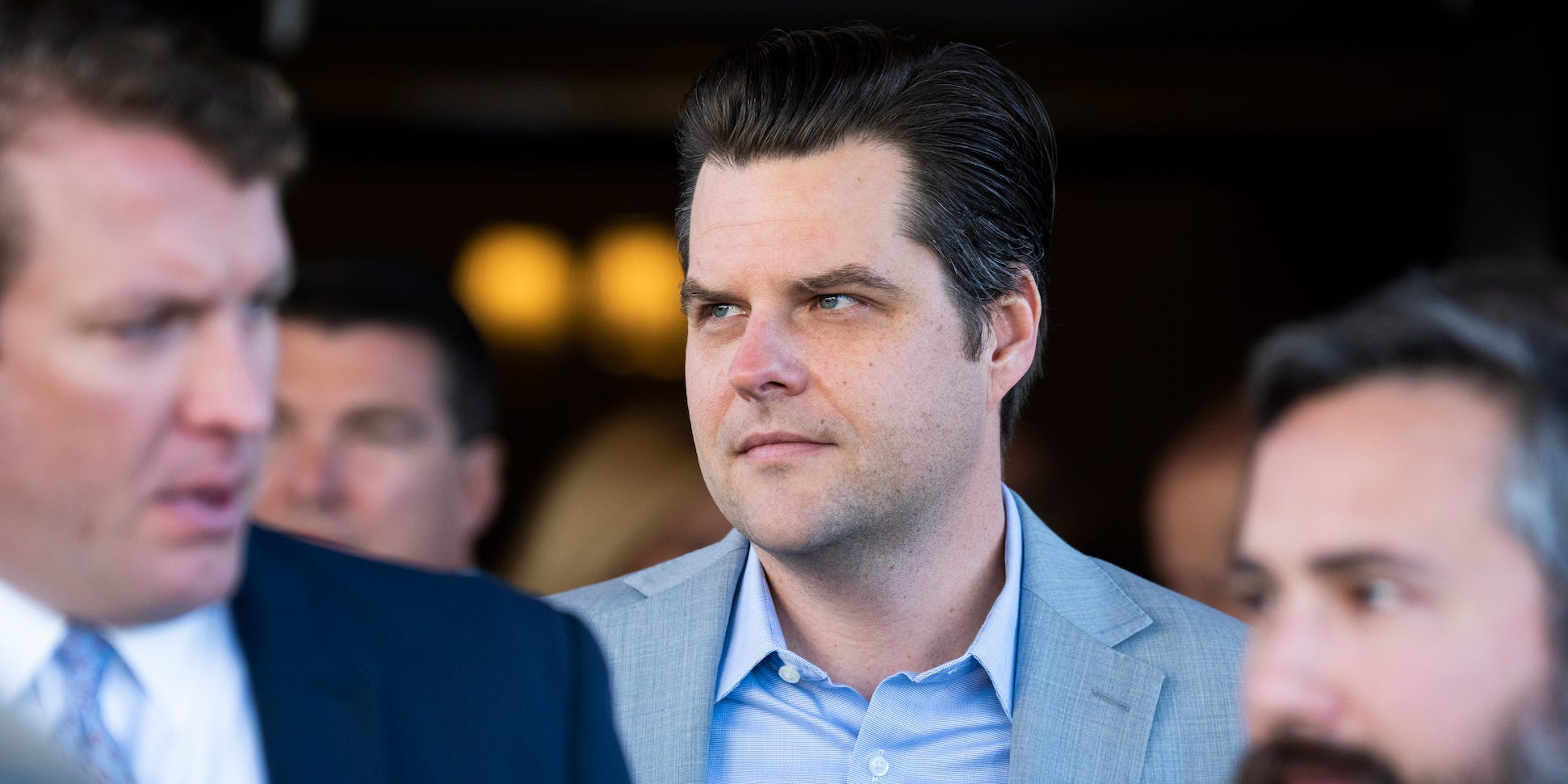UNITED STATES - DECEMBER 1: Rep. Matt Gaetz, R-Fla., leaves a meeting of the House Republican Conference at the Capitol Hill Club on Wednesday, December 1, 2021. (Photo By Tom Williams/CQ-Roll Call, Inc via Getty Images)