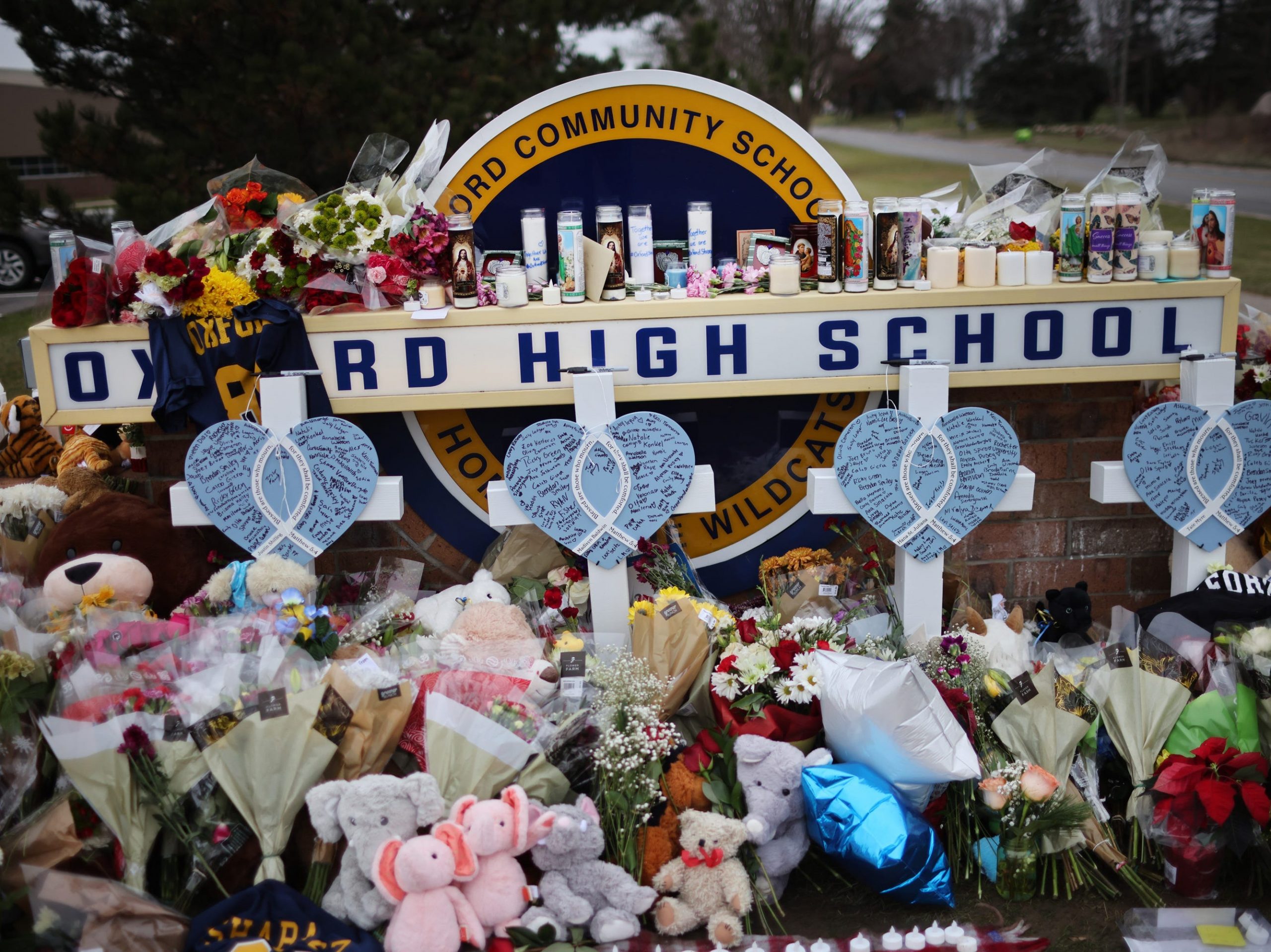 A memorial outside of Oxford High School continues to grow on December 03 2021 in Oxford, Michigan.