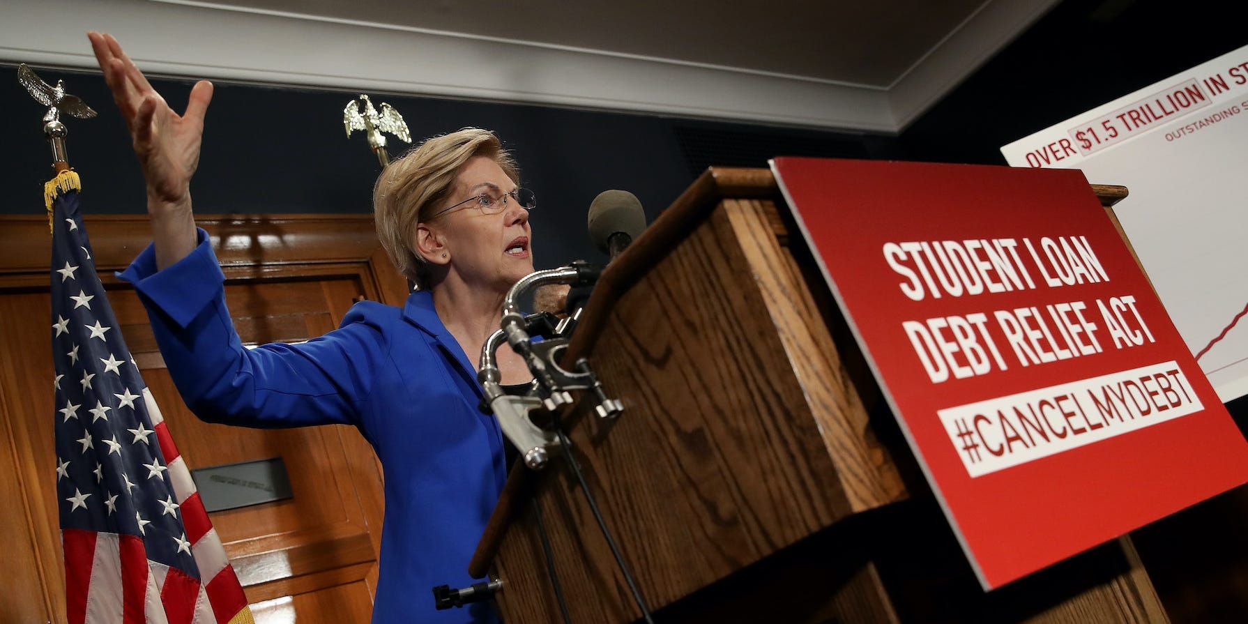 WASHINGTON, DC - JULY 23: Sen. Elizabeth Warren (D-MA) speaks during a press conference on Capitol Hill July 23, 2019 in Washington, DC. Warren spoke with Rep. Jim Clyburn (D-SC) on legislation to cancel student loan debt for millions of Americans.