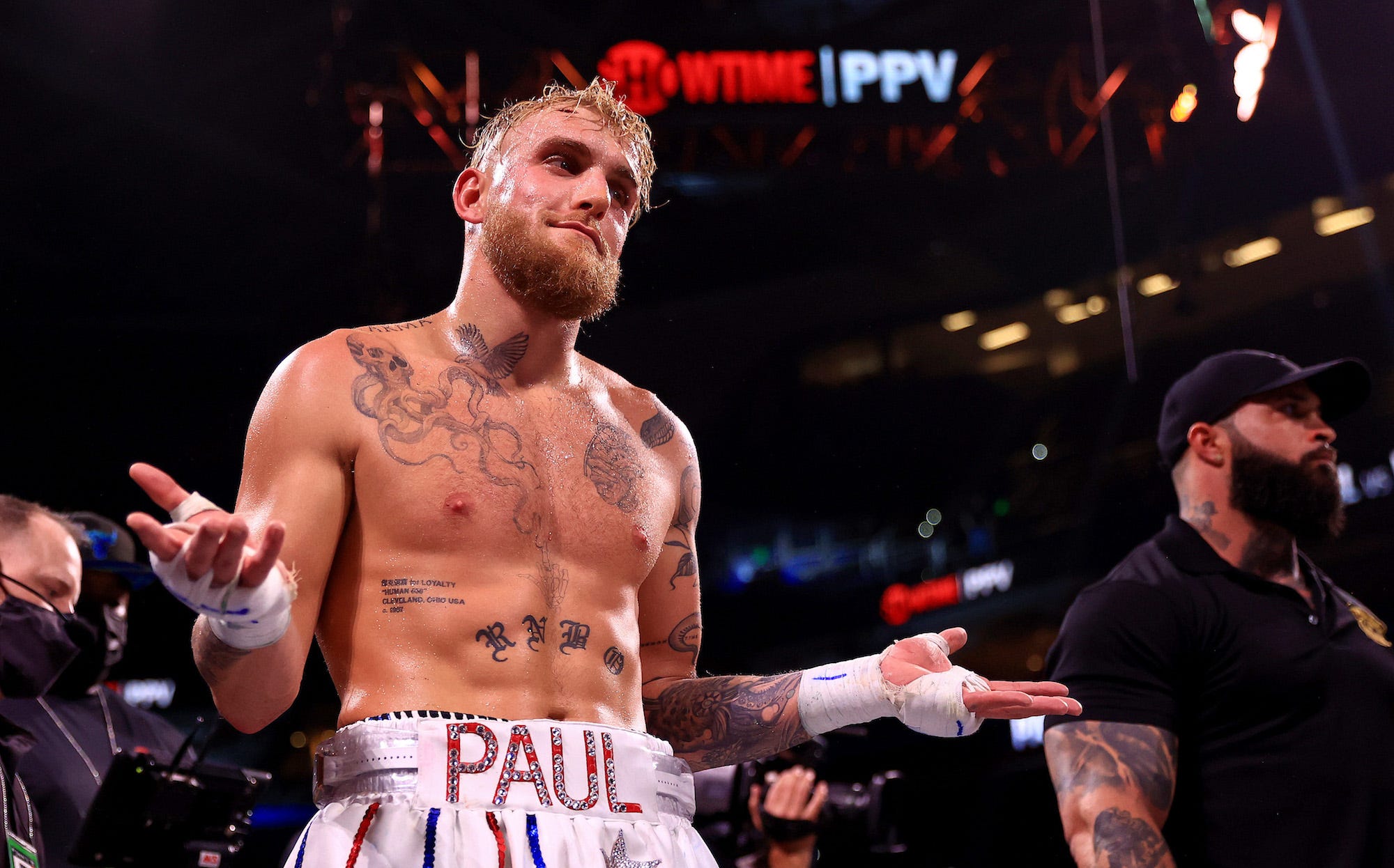 Jake Paul reacts to knocking out Tyron Woddley in the sixth round during an eight-round cruiserweight bout at the Amalie Arena