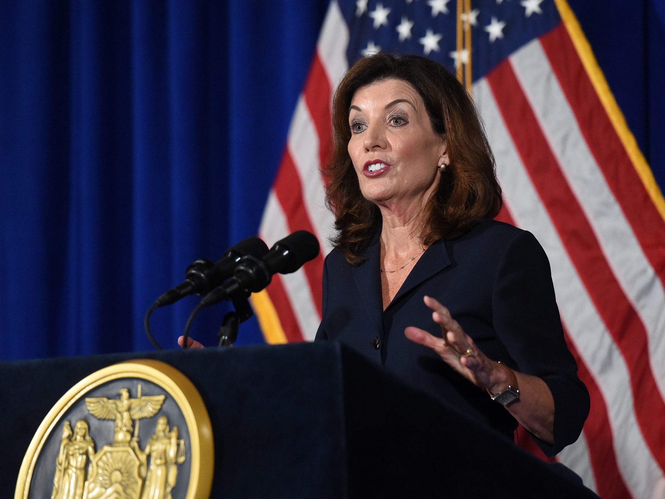 New York Lieutenant Governor Kathy Hochul speaks during a news conference the day after Governor Andrew Cuomo announced his resignation at the New York State Capitol, in Albany, New York, U.S., August 11, 2021.