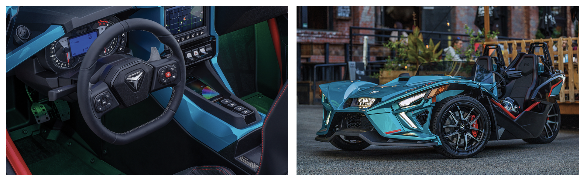 A teal 2022 Polaris Slingshot with an automatic transmission.