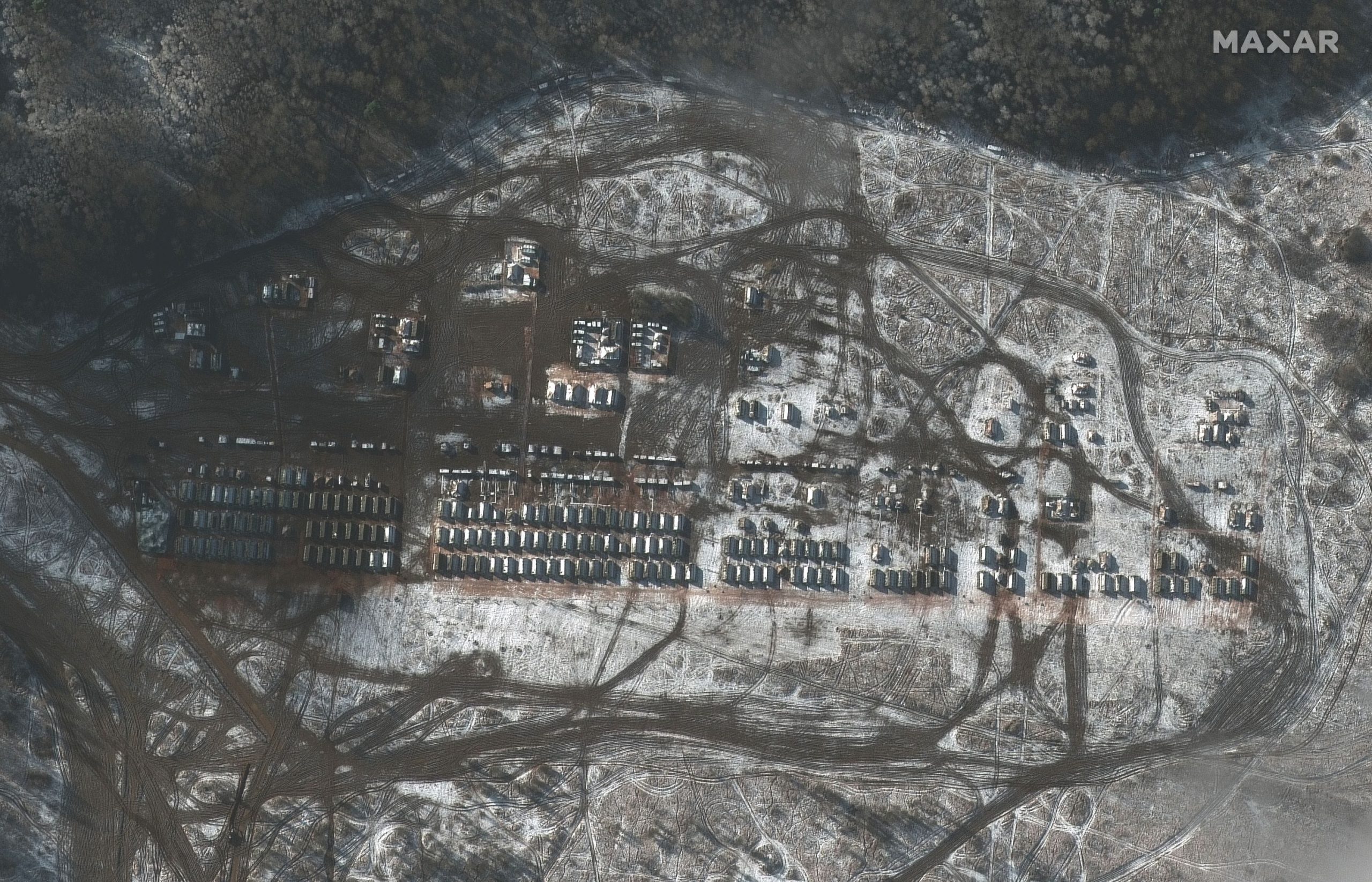 Elements of the 41st Combined Arms Army, including hundreds of tanks, self-propelled artillery and other military equipment (including an Iskander mobile short range ballistic missile (SRBM) unit) are deployed in a training area located approximately 160 miles north of the Russia–Ukraine border. Photo taken on Nov. 9, 2021.