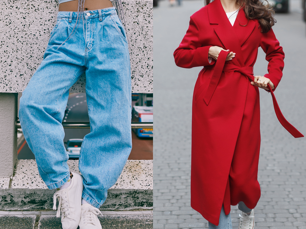 photo of woman wearing baggy jeans next to photo of woman wearing red trench coat