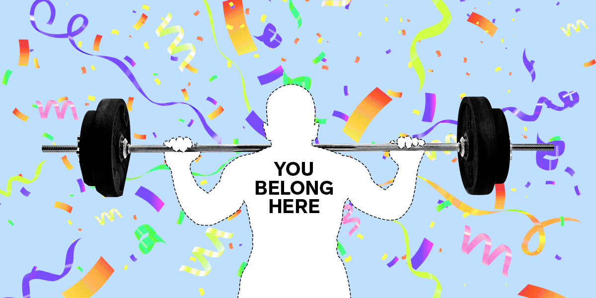 A cutout of a person holding a barbell with the words "You Belong Here" written inside the cutout