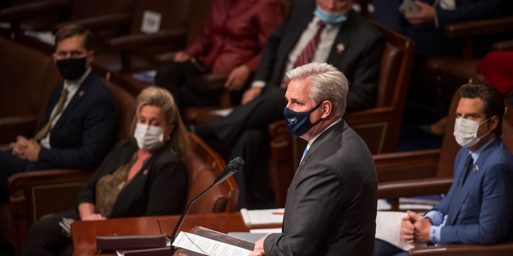 House Minority Leader Kevin McCarthy addresses the House Chamber on January 6, 2021.