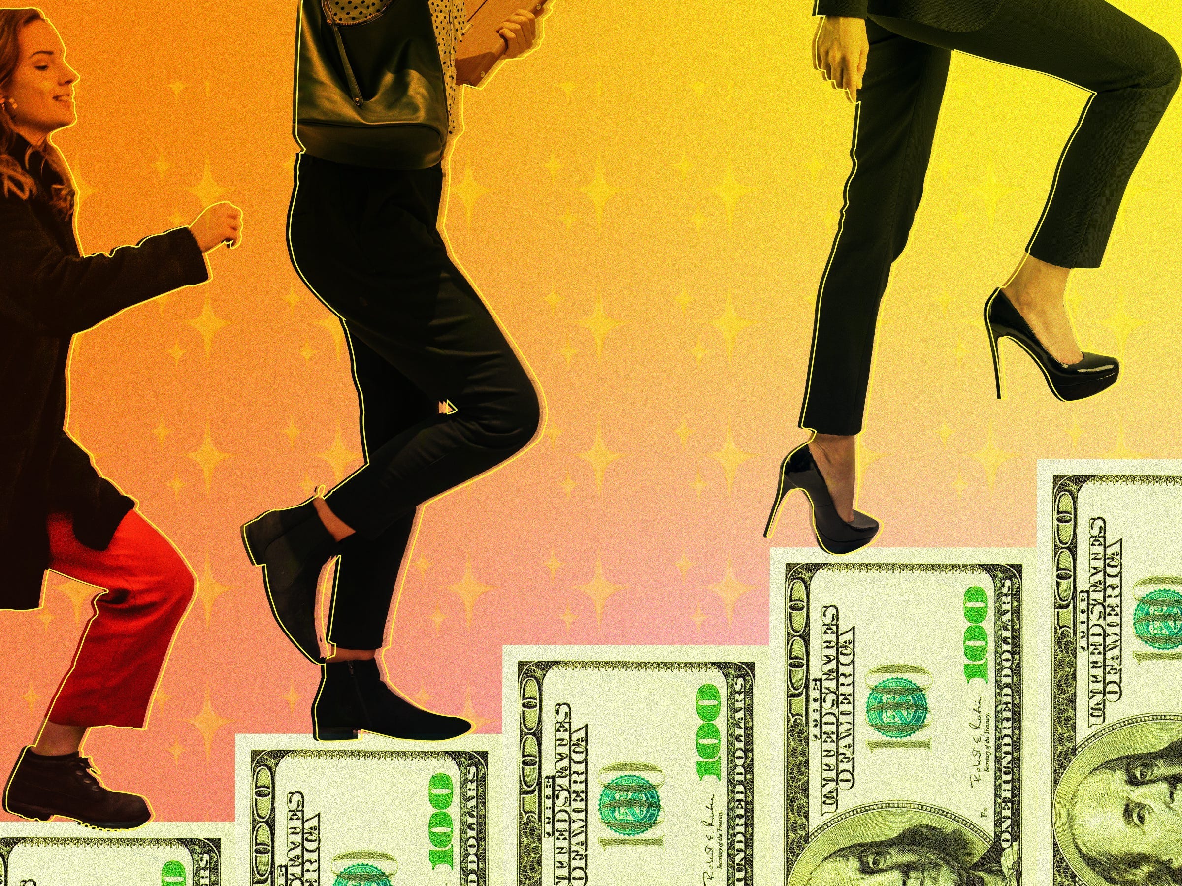 Women marching up stair made out of hundred dollar bills, against a pink-orange gradient background with sparkles