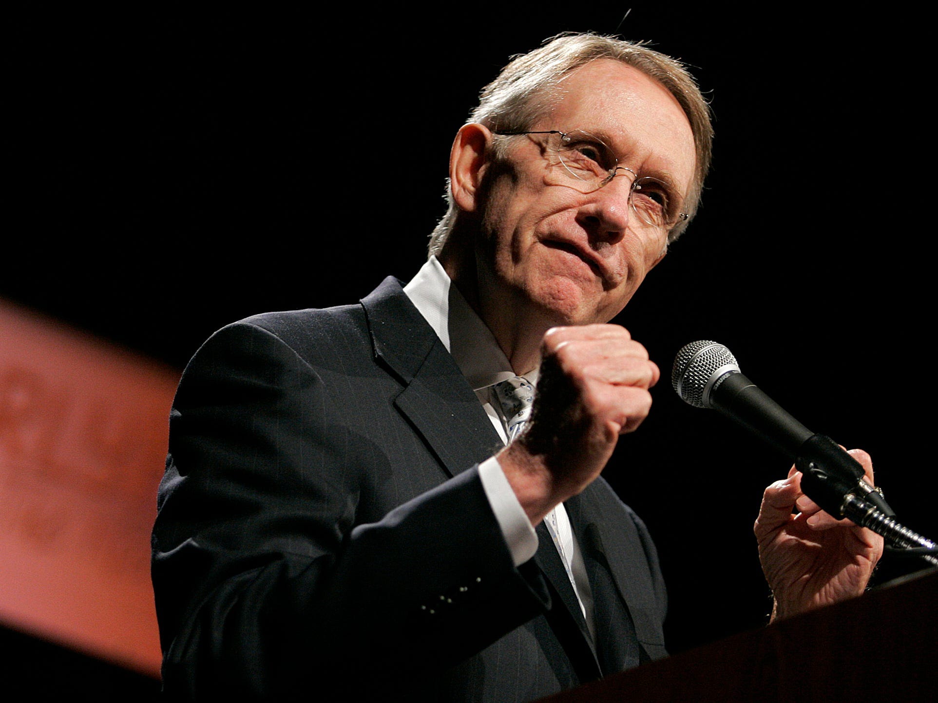 Senate Minority Leader Harry Reid, D-Nev., delivers a speech at the YearlyKos convention in Las Vegas on June 10, 2006.