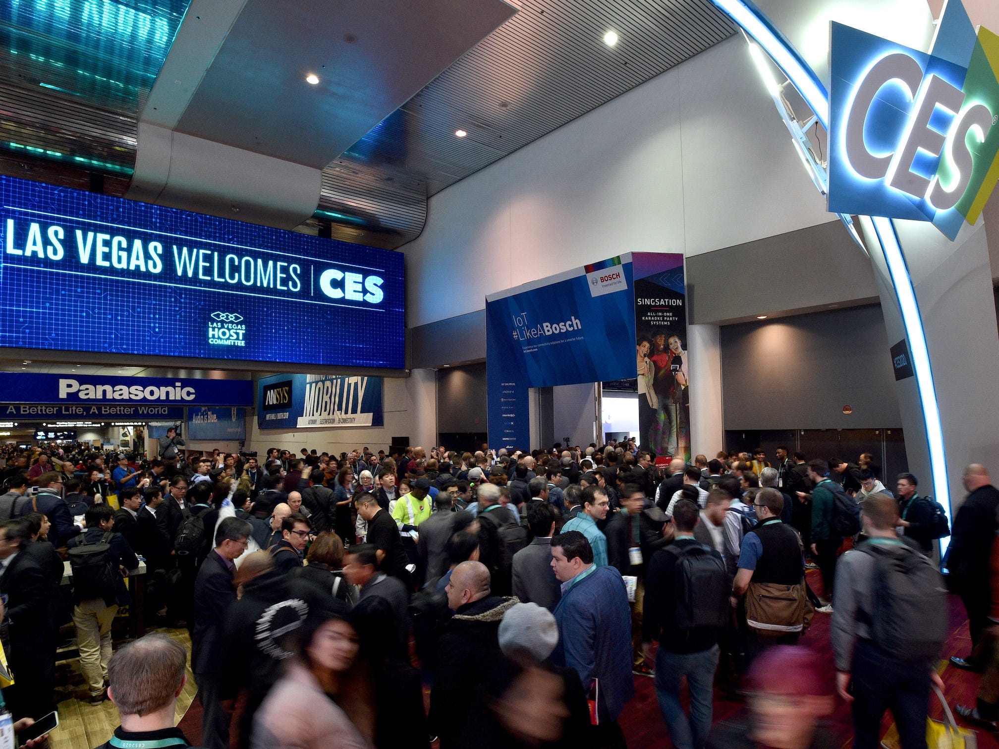 Attendees crowd into convention center at CES 2020, the consumer electronics show in Las Vegas