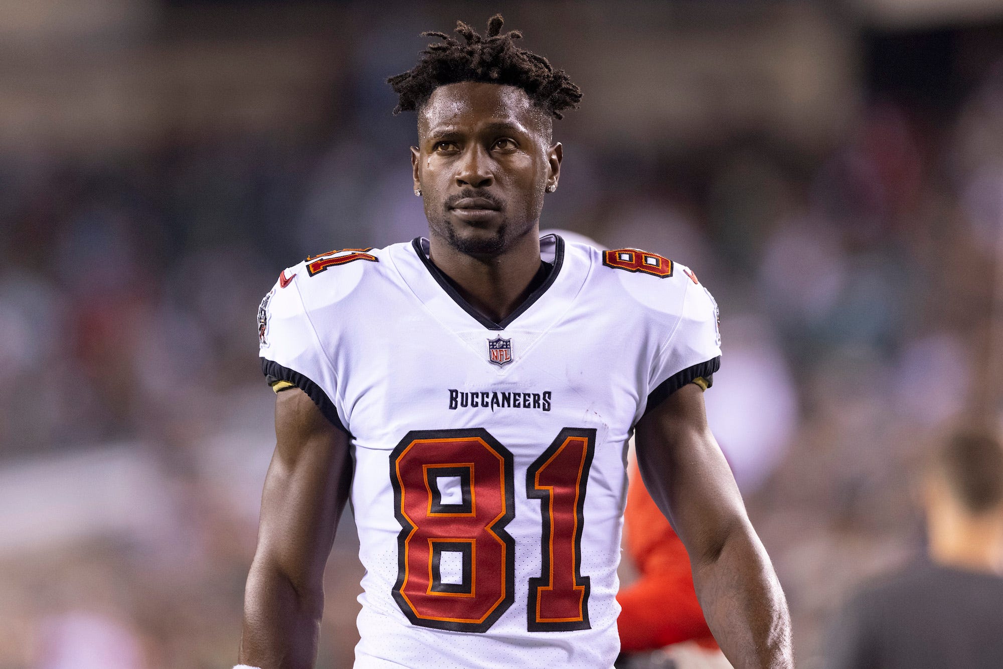 Antonio Brown of the Tampa Bay Buccaneers looks on prior to the game against the Philadelphia Eagles at Lincoln Financial Field