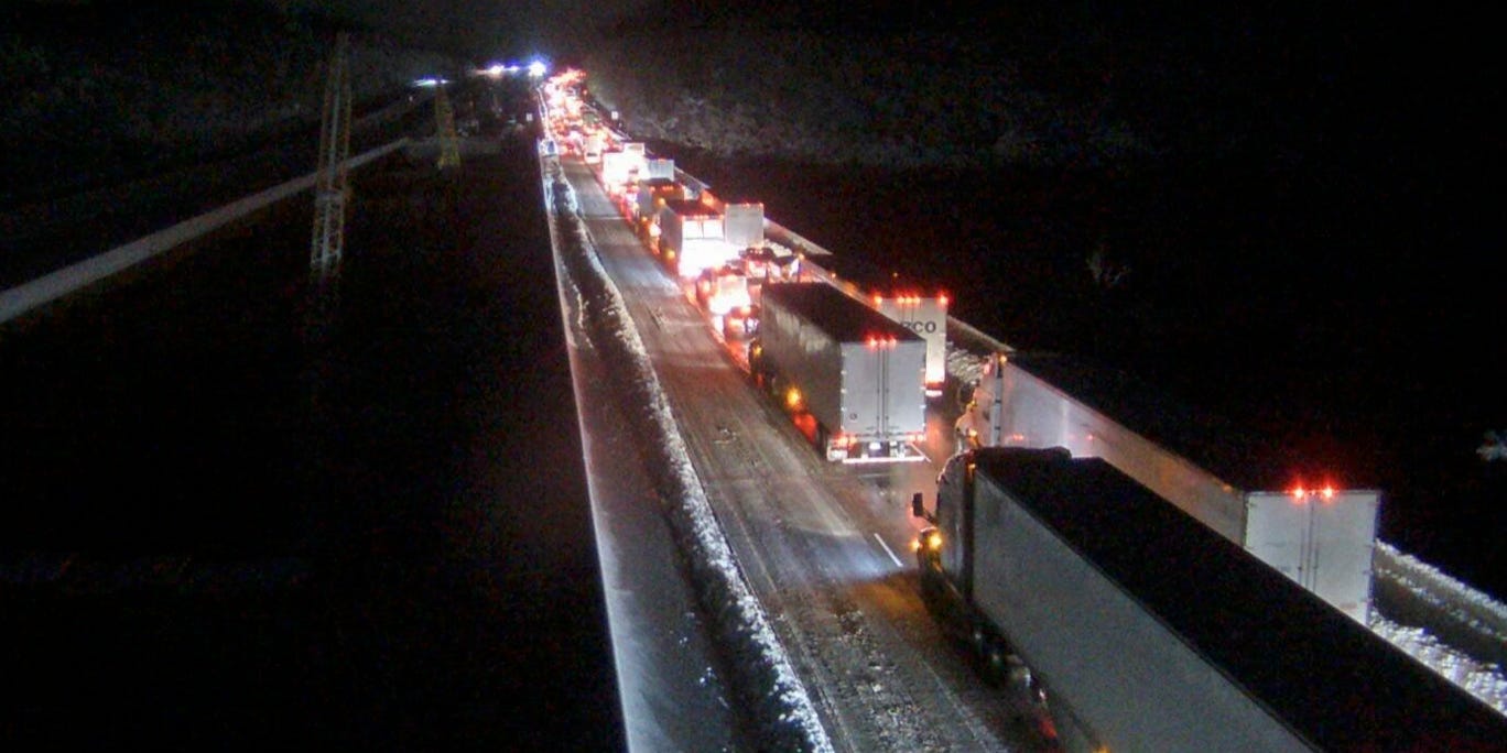 This image provided by the Virginia department of Transportation shows a closed section of Interstate 95 near Fredericksburg, Va. Tuesday Jan. 4, 2022. Both northbound and southbound sections of the highway were closed due to snow and ice.