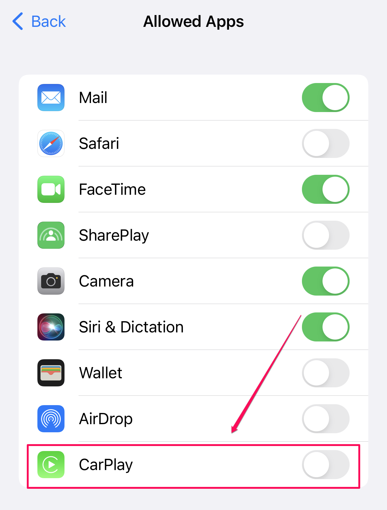 iOS settings on iPhone