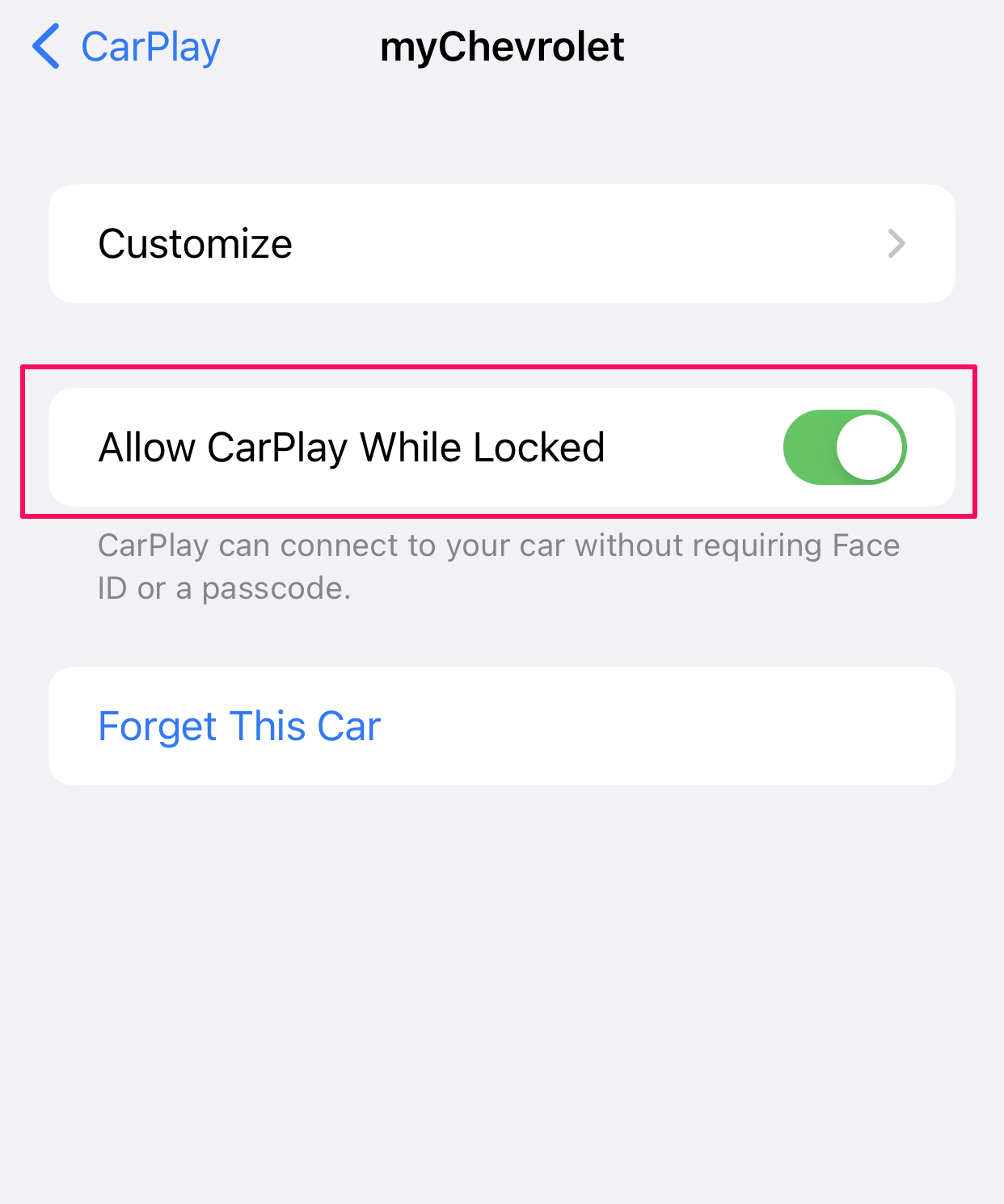 iOS settings on iPhone
