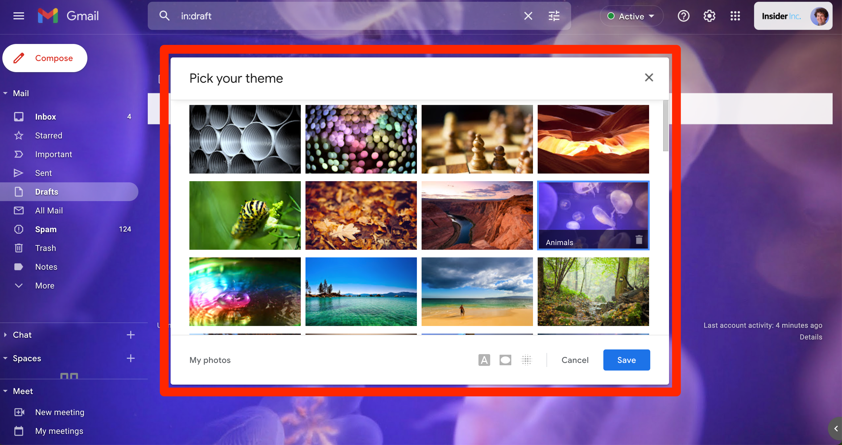 Some of the different backgrounds that users can choose from in Gmail.