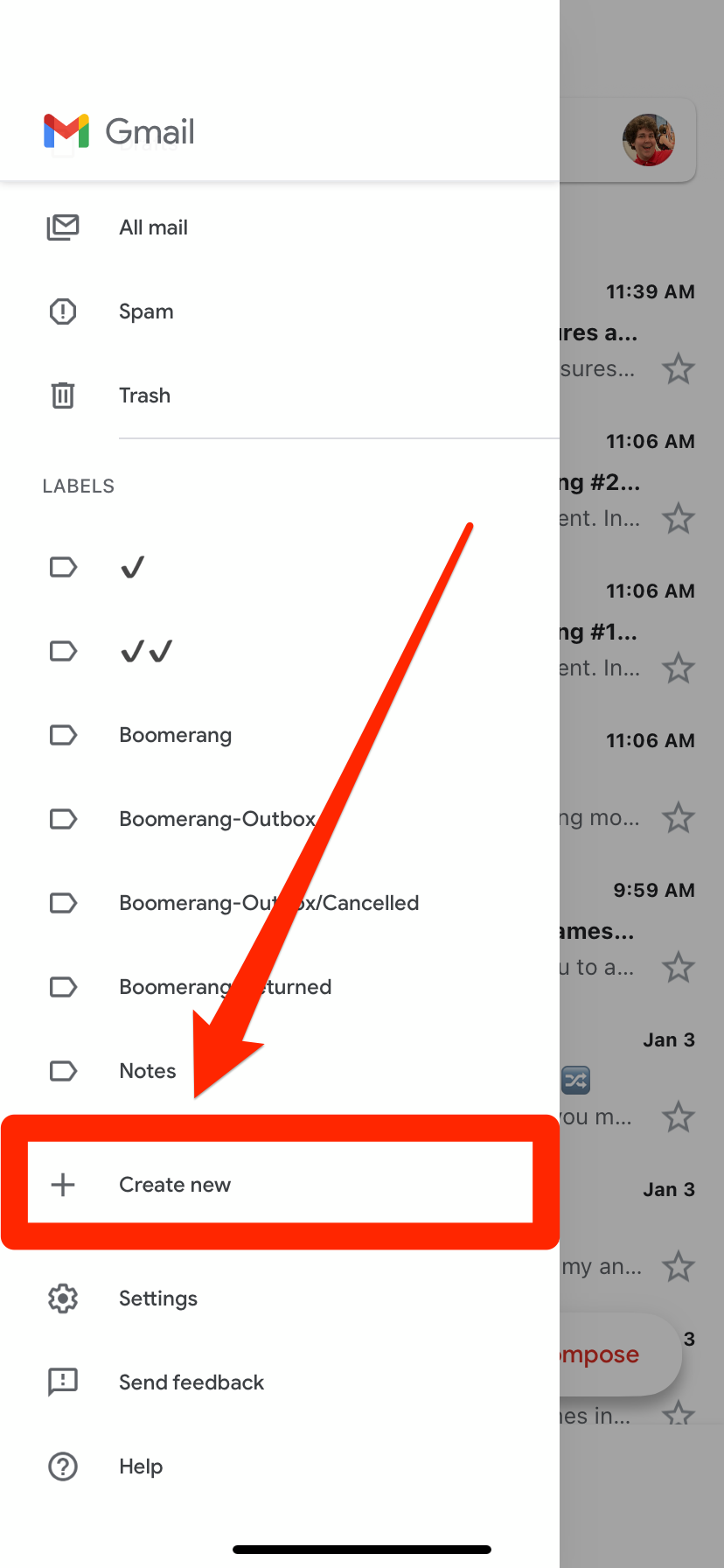 The "Create new" option in Gmail's iPhone app that lets you make a new label.