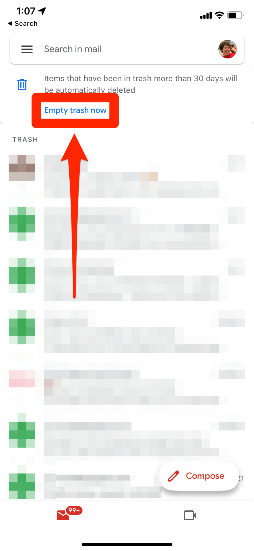 The Trash folder in the Gmail iPhone app. The "Empty trash now" option is highlighted.