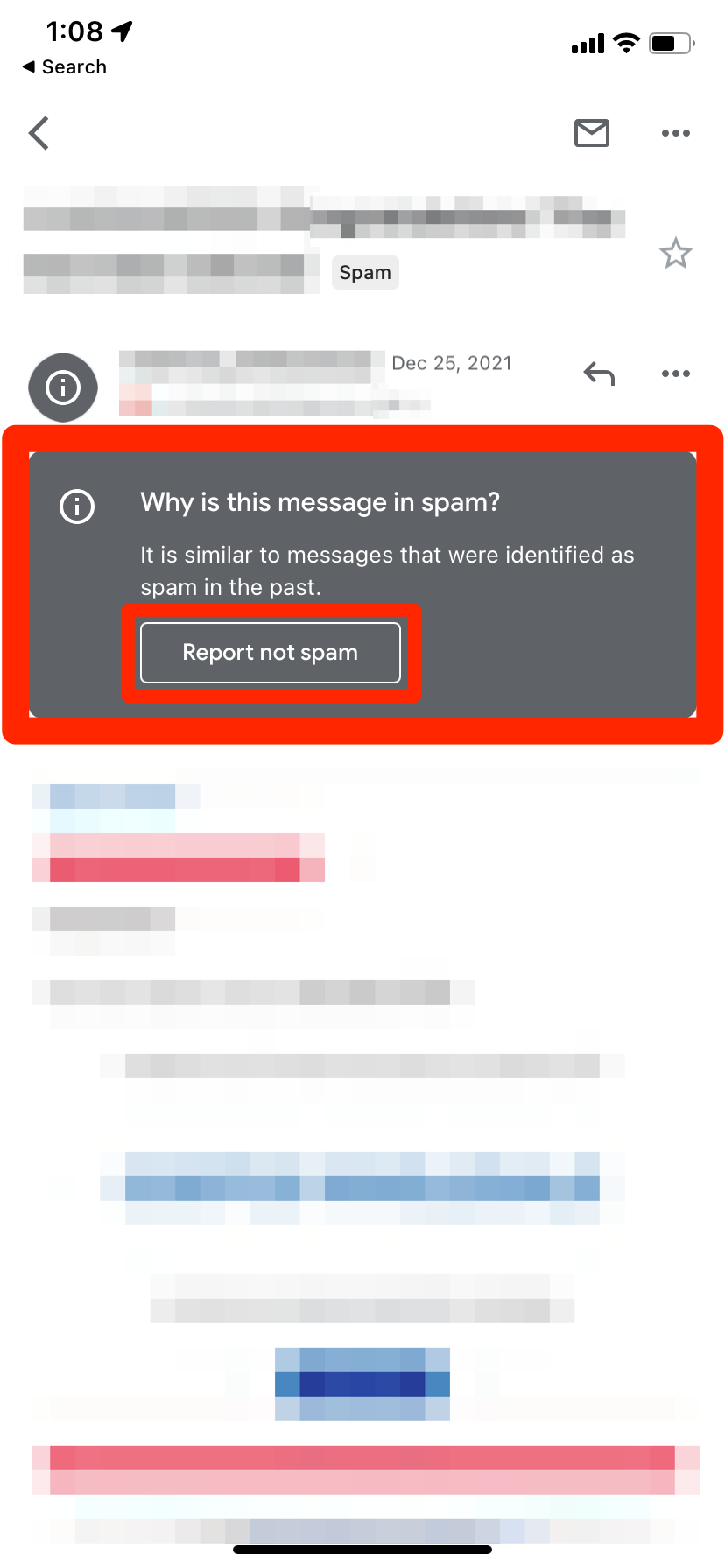 A spam email in the Gmail app. The "Report not spam" option is highlighted.