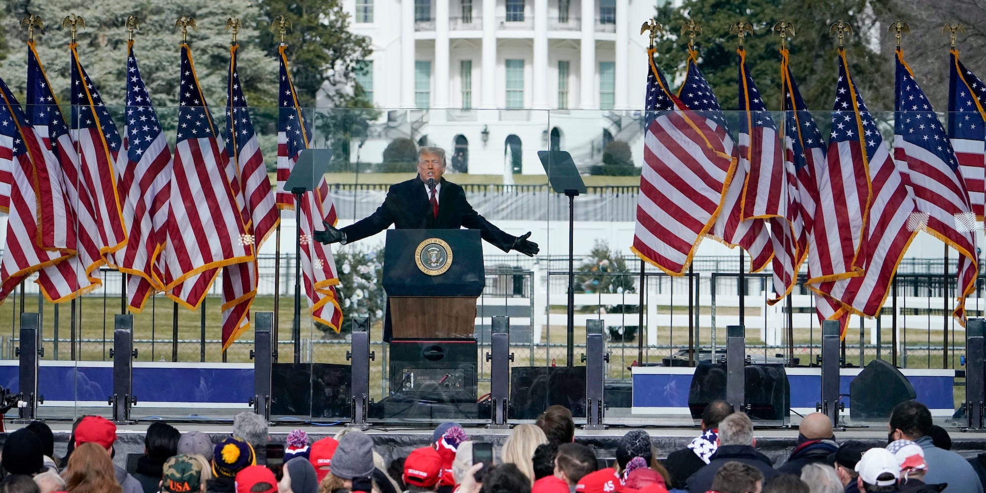 In this Jan. 6, 2021, file photo with the White House in the background, President Donald Trump speaks at a rally in Washington.