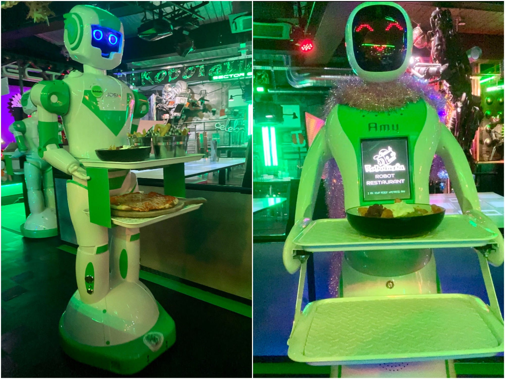 Amy and Josh are robot servers in Robotazia, a robotics restaurant in the UK.