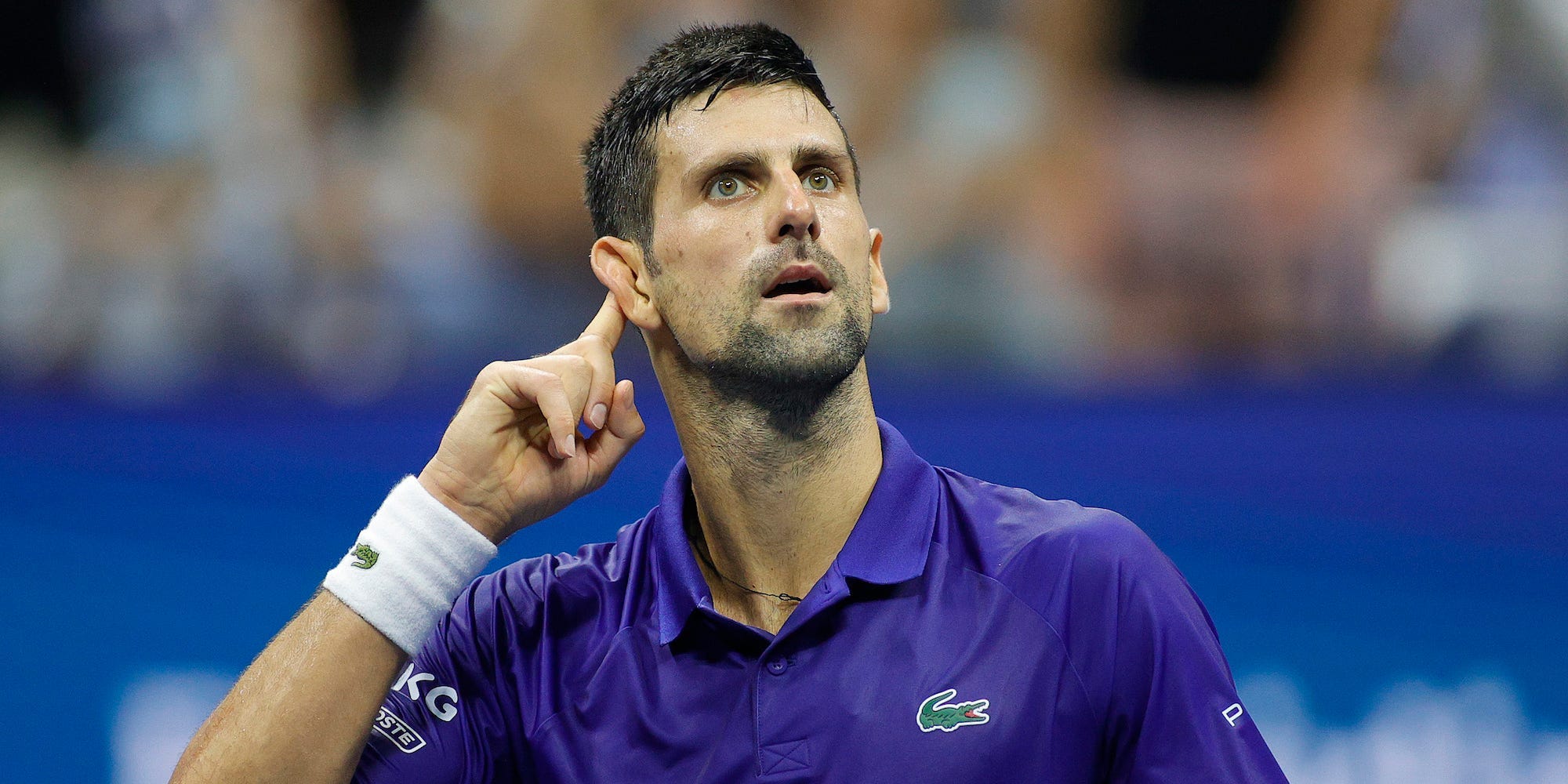 Novak Djokovic of Serbia reacts to the crowd as he plays against Matteo Berrettini of Italy during his Men's Singles quarterfinal match on Day Ten of the 2021 US Open at the USTA Billie Jean King National Tennis Center
