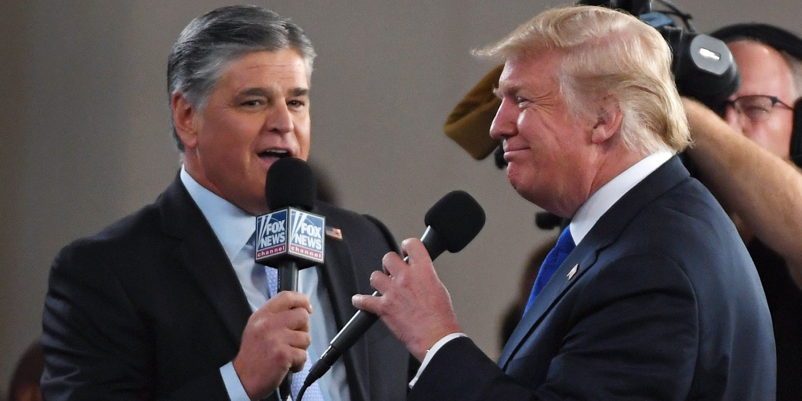 Fox News Channel and radio talk show host Sean Hannity (L) interviews U.S. President Donald Trump before a campaign rally at the Las Vegas Convention Center on September 20, 2018 in Las Vegas, Nevada.