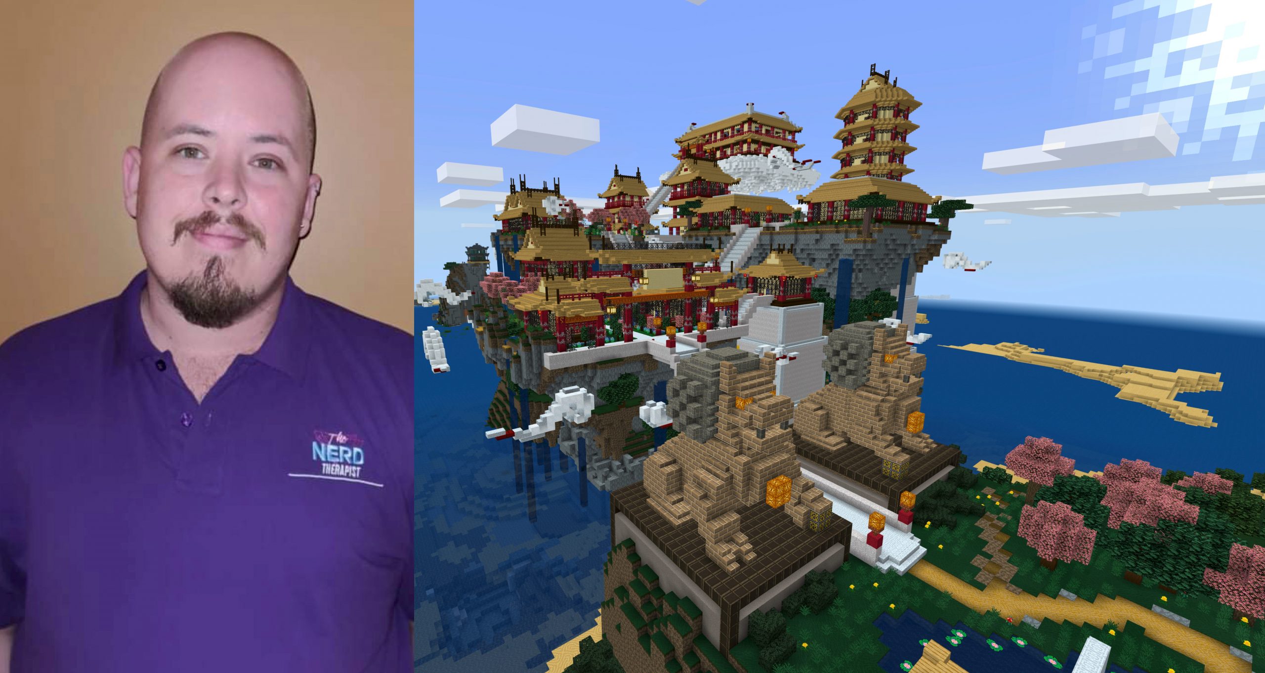 A headshot of Michael Keady next to an image of a Minecraft castle near the water.